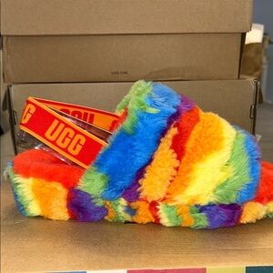 UGG Multicolor Fluffy Slippers with Red Strap
